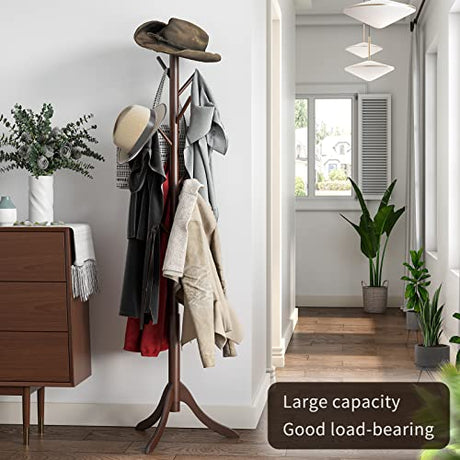 Coatrack 8 Standing Bamboo Coat Rack Hat Hanger 8 Hook for Jacket, Purse, Scarf Rack, Umbrella Tree Stand (Brown) Furshus