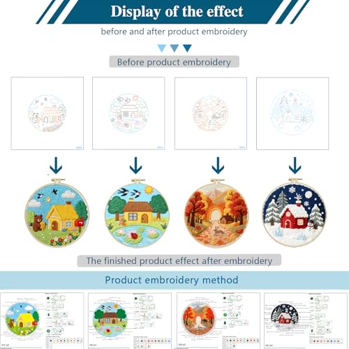 Zhenqing Four Seasons Embroidery Kit for Beginners, 4-Pack Circular Scenes with 20cm Hoop, Pre-Printed 29x29cm Fabric & Threads, Spring Summer Fall Winter Landscape Designs(C0182)