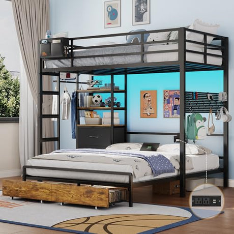 DICTAC Twin Over Full Bunk Bed with 4 Storage Drawers and 3-Tier Open Bookshelf Metal Bunk Bed with LED Lights,Charging Station and Pegboard,L-Shaped bunk Beds with Safety Guardrail and Ladder,Black DICTAC