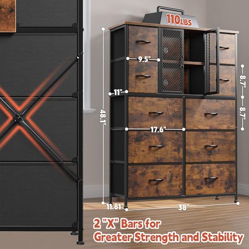 EnHomee Dresser for Bedroom with Mesh Door Tall Dressers & Chests of Drawers with 10 Fabric Drawer Morden Dresser Organizer,Metal Frame,Wood Top,for Closet,Entryway,Rustic Brown 38" Wx11.81 Dx48.1 H EnHomee