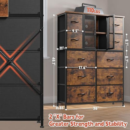 EnHomee Dresser for Bedroom with Mesh Door Tall Dressers & Chests of Drawers with 10 Fabric Drawer Morden Dresser Organizer,Metal Frame,Wood Top,for Closet,Entryway,Rustic Brown 38" Wx11.81 Dx48.1 H