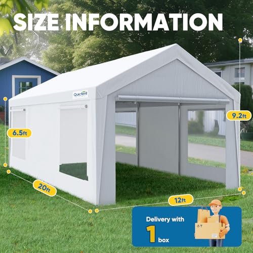 Quictent Upgraded 12x20 ft Heavy Duty Galvanized Carport - Reinforced Outdoor Garage Canopy Tent with Roll-up Ventilated Windows & Sidewalls, Weatherproof Shelter for Car, Boat, RV - White Quictent