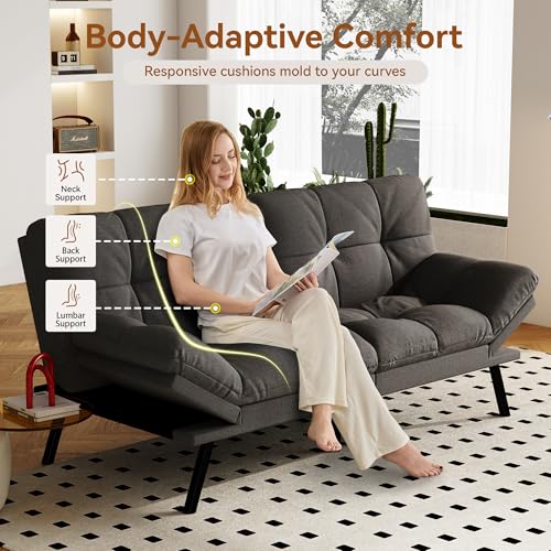 Vipbear Convertible Futon Sofa Bed, Grey Linen Futon Couch with Adjustable Backrest & Armrests, Folding Small Recliner Sleeper Sofa Bed for Living Room, Apartment, Office Vipbear