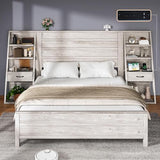 LUXOAK Full Bed Frame with Bookcase Headboard & 4-Tier Bedside Shelf, Farmhouse Platform Bed with Charging Station and 2 Drawers, Noise-Free, No Box Spring Needed, Rustic White LUXOAK