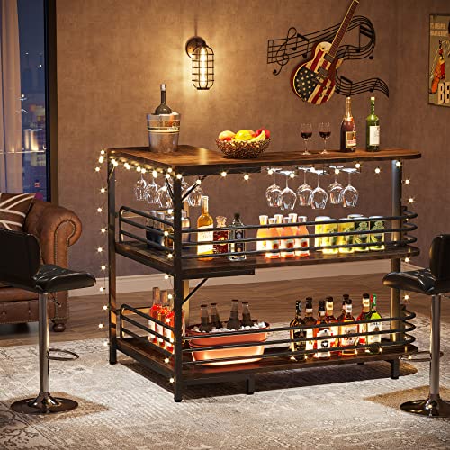 Tribesigns Rustic Brown L-Shaped Home Bar Unit with 3 Tiers and Wine Glass Holder Tribesigns