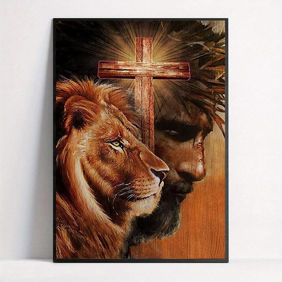 5D DIY Diamond Art Painting Christ Jesus Cross Lion 14x20 inches for Adults, Full Round Drill Rhinestone Embroidery for Wall Decoration Generic