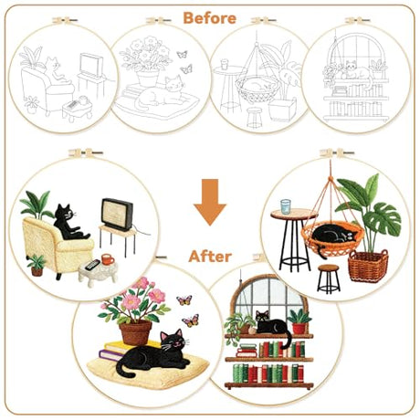 BEUNITONE 4 Set Embroidery Kit for Beginners, Daily Life of Cats Patterns Cross Stitch Kits, Needlepoint Kits for Adults with Hoop, Cute Hand Embroidery Patterns for Cloth and Home Decor BEUNITONE