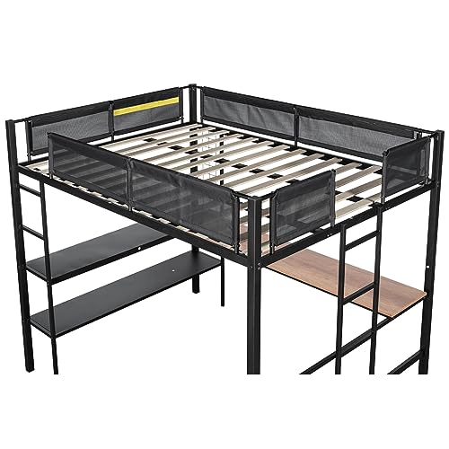 Adigyco Metal Full Size Loft Bed with Desk & Shelves/Sturdy Metal Bed Frame/Noise-Free Wood Slats/Comfortable Textilene Guardrail/Built-in Desk, 2-Tier Shelves & Grid Panel/ 2 Side Ladders,Black