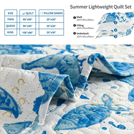 Coastal Beach Quilt Set - Queen Size Ocean Bedding Reversible Quilt Sea Turtle Blue Jessy Home