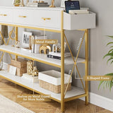 HITHOS 47.2" Console Table with 3 Drawers, Narrow Long Entryway Table with 3-Tier Storage Shelves, Industrial Sofa Foyer Table for Living Room, Hallway, Entry Way, Foyer, Kitchen, White/Gold HITHOS