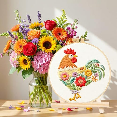 ElevateTech Funny Animal Embroidery Kits for Beginners Adults Cross Stitch Kits with Rooster and Flower Pattern DIY Needlepoint Starter Kit with Embroidery Cloth Hoops Threads for Craft Lover ElevateTech
