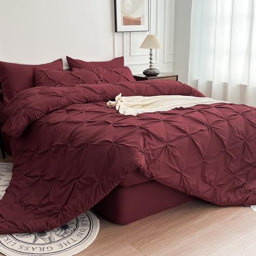 Maple&Stone Burgundy Comforter Set Queen, 7 Pieces Bed in a Bag Queen, Pintuck Bedding Sets with Comforter, Sheets, Pillowcases & Shams - Burgundy Maple&Stone