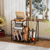 Hosfais Record Player Stand, 3 Tier Guitar Stand for Acoustic, Electric Guitar, Bass Stand, Vinyl Record Storage Up to 200 Albums, Brown Records Shelf for Living Room Bedroom (Rustic Brown) Hosfais