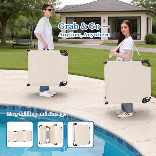 Ahsuname 3-in-1 Sun Tanning Chair with Face Holes, Folding Chaise Lounge Chairs, 5-Position Adjustable Lounge Chair Outdoor with 2 Side Pocket & Pillow, for Pool Beach, Patio, Camping, Beige