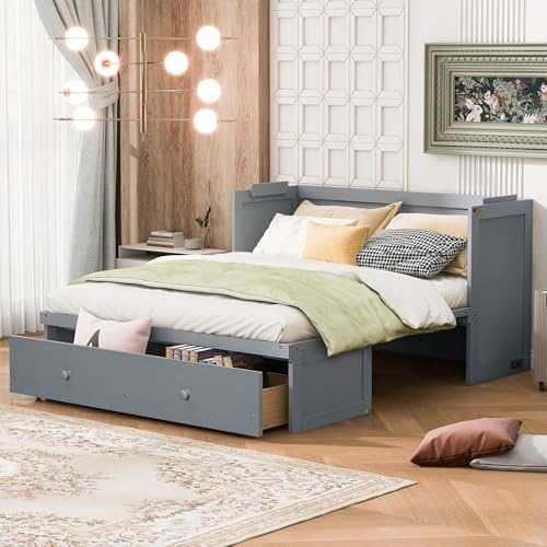Harper & Bright Designs Queen Murphy Bed with USB Charging Station and Large Drawer, Wooden Queen Size Bed Wall Bed with Storage, Cube Cabinet Bed for Home Office Guest Room Bedroom,Gray Harper & Bright Designs