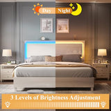 LUXOAK High Gloss Beige Bed Frame with Floating LED Headboard – Full Platform Design, Easy Assembly LUXOAK