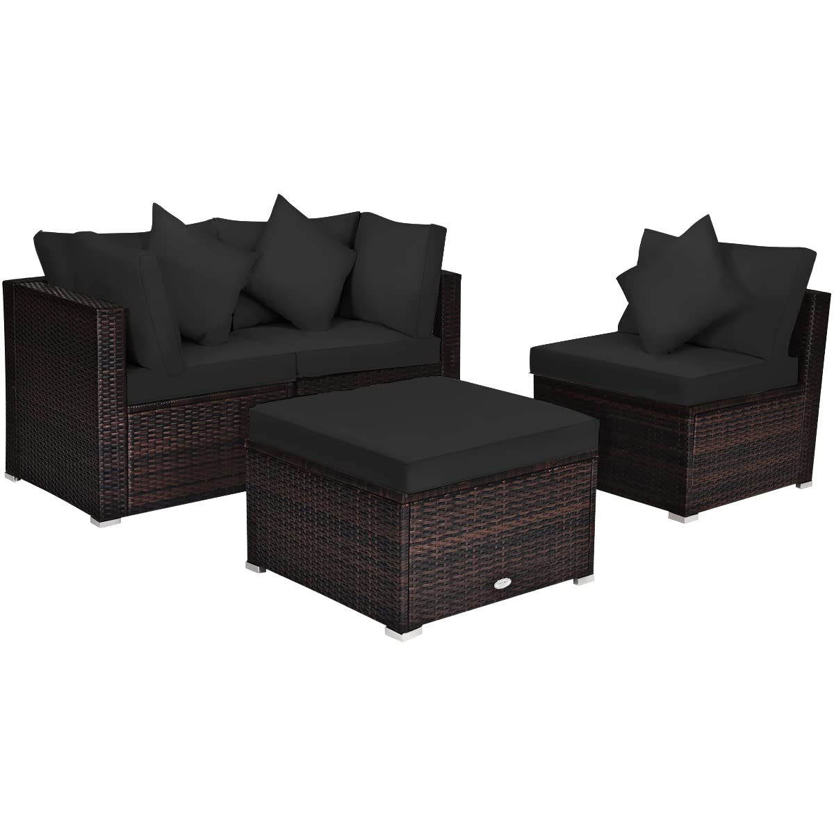 Tangkula 4 PCS Patio Rattan Sofa Set, Outdoor Wicker Sectional Furniture Set, Patio Conversation Set with Removable Cushions & Pillows for Backyard Porch Garden Poolside Balcony (Black) Tangkula