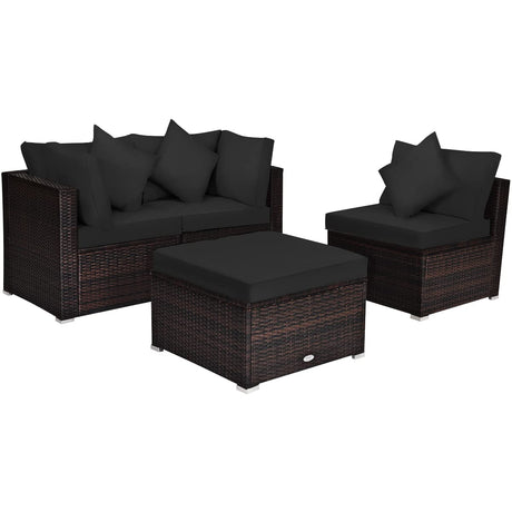 Tangkula 4 PCS Patio Rattan Sofa Set, Outdoor Wicker Sectional Furniture Set, Patio Conversation Set with Removable Cushions & Pillows for Backyard Porch Garden Poolside Balcony (Black) Tangkula