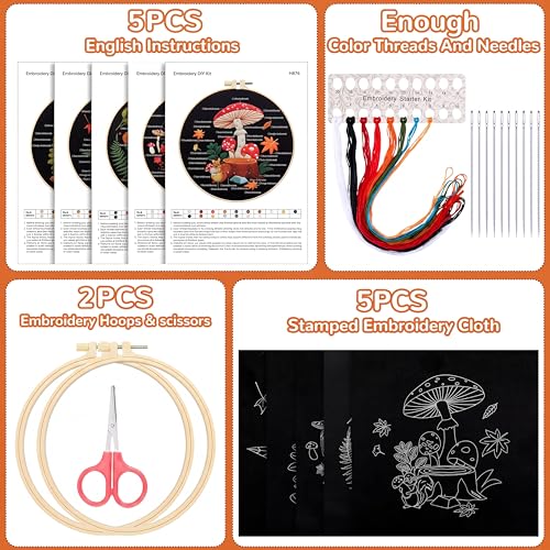 Crowye 5 Sets Mushroom Embroidery Kit Cross Stitch Kits for Beginners Cross Stitching Set for Adult DIY Stamped Starter Needlepoint with Thread Needle for Craft Lover