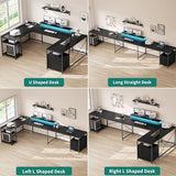 YITAHOME U Shaped Desk with Power Outlets & LED Lights, 79" Reversible L Shaped Desk with Drawers, Corner Computer Desk Office Desk with Monitor Stand & Storage Shelves, Black YITAHOME