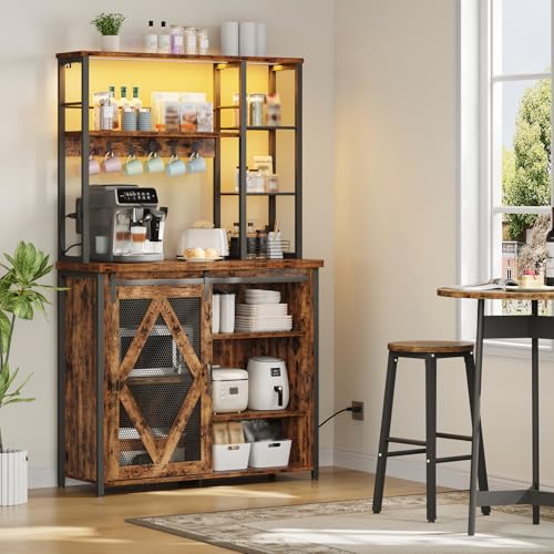 HOOBRO Bakers Rack with Power Outlet and LED Light, Microwave Stand with Sliding Barn Door, Coffee Bar Cabinet with 6-S Hooks, Kitchen Storage Shelf with Cabinet, Rustic Brown and Black BF23UDHB01