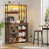 HOOBRO Bakers Rack with Power Outlet and LED Light, Microwave Stand with Sliding Barn Door, Coffee Bar Cabinet with 6-S Hooks, Kitchen Storage Shelf with Cabinet, Rustic Brown and Black BF23UDHB01