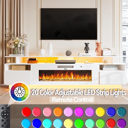 FJTJBSI 70" Fireplace TV Stand with 36" Electric Fireplace Entertainment Center with Charging Station and LED Light Console Table for Television up to 80 inch with Storage for Living Room FJTJBSI