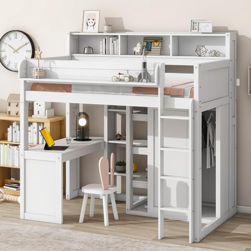 Twin Size Loft Bed with Wardrobe, Desk, and Storage by Harper & Bright Designs in White Finish - WoodArtSupply