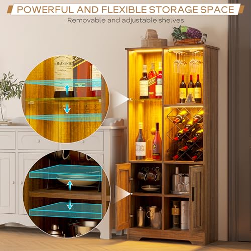 Kasibie Wine Cabinet, Wine Bar Cabinet with LED Lights, Liquor Cabinet with Glass Holder Wine Rack, Farmhouse Modern Liquor Cabinet with Storage for Home (Brown) Kasibie