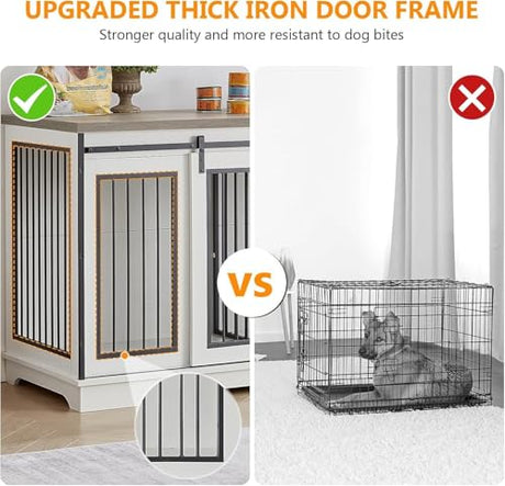 Yafylly 60.6"‌ Double Dog Crate Furniture, Heavy Duty Dog Kennel with Divider, Durable Dogs Crate as TV Stand with Sliding Door, XXL Wooden Dog Kennel for 2 Dogs (White Yafylly