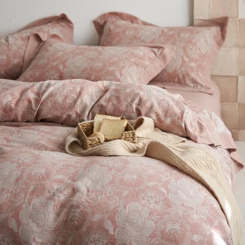 VM VOUGEMARKET Blush Pink Flower Duvet Cover Set Queen,3 Pieces Retro Jacquard Pink Floral Bedding Set,Linen Cotton Yarn-Dyed Textured Duvet Cover with Zipper Closure VM VOUGEMARKET