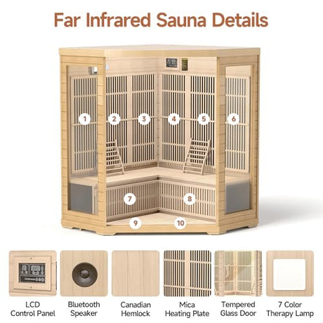 springspa Infrared Sauna 4 Person, Low EMF Far Infrared Sauna for Home, Indoor Corner Sauna, Hemlock Wooden Dry Sauna Room with Bluetooth Speaker, 7 Color Chromotherapy Lights springspa