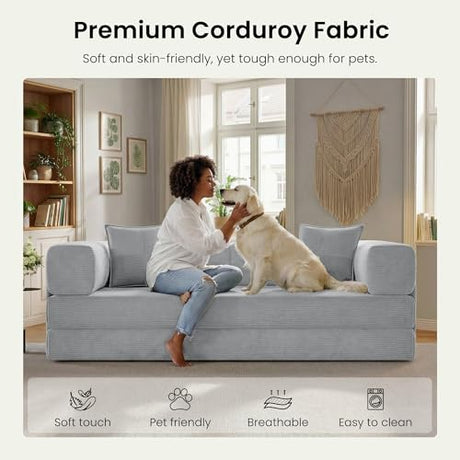 CUBENTE 78.8" Convertible Futon Sofa Bed,Corduroy Futon Couch with Storage Pocket,Folding Pull Out Sofa,No Assembly Boneless Couch for Living Room,Grey CUBENTE