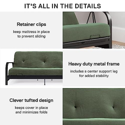 DHP Brax Black Metal Arm Full Size Futon Frame with 6" Thermobonded High Density Polyester Fill Army Green Futon Mattress