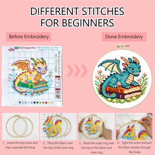 Zhenqing Cute Dragon on Books Cross Stitch Kit, 11CT Printed 24x24cm with Hoop, Fantasy Embroidery Set for Beginners (70976)