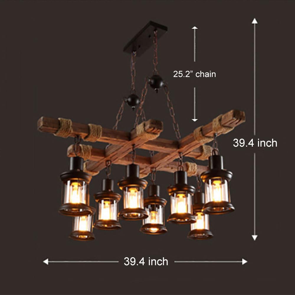 A Million 8 Lights Industrial Retro Wooden Chandelier Pendant Light Island Hanging Ceiling Fixture Vintage Farmhouse Wood Light Adjustable Chain for Home Cafe Bar Restaurant (39.4") A Million
