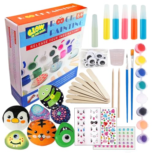 CHOCKACAKE Rock Glow in The Dark Painting Kit for Kids - DIY Arts and Crafts Set for Girls, Perfect Creative Painting Gift for Boys and Girls, Fun Outdoor Activities - WoodArtSupply