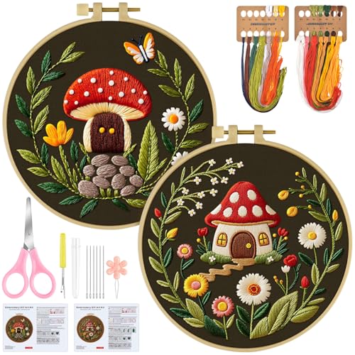 ERKOON Embroidery Kit for Beginners, 2 Set Flower Cross Stitch Set Include Embroidery Cloth Hoops Threads for Craft Lover Hand Stitch with Embroidery Skill Techniques (Mushroom)