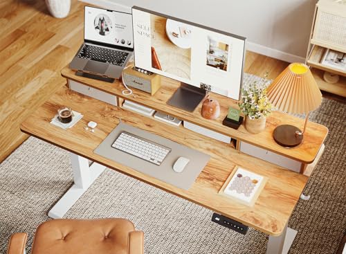 BANTI 48x24 Inch Electric Standing Desk with Dual Drawers, Height Adjustable Stand Up Table, Sit Stand Home Office Desk with Storage Shelf, White Frame/Light Rustic Brown Top BANTI