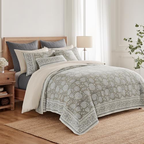 Levtex Home Adare Taupe Reversible Full/Queen Quilt Set (88x92in) and 2 Pillow Shams (26x20in) - Floral Bedding - Taupe White - Cotton Full/Queen Size Quilt Bedding Set - Lightweight, Soft, Pre-Washed Levtex Home