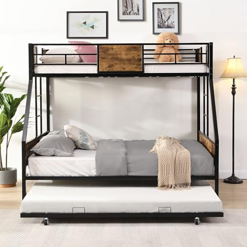 Olela Twin Over Full Bunk Beds with Trundle Bed, Heavy Duty Metal Frame with Safety Rails & 2 Side Ladders for 3 Sleepers, No Box Spring Needed for Kids, Teens, Guest Room, Max Capacity 850 Lbs Olela