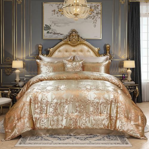 King Size 8-Piece Jacquard Comforter Set with Satin Sheets Set – Elegant Coordinated Bedding Collection for Bedroom Gold Bed-in-a-Bag Bedding_Dreamer