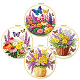 Zhenqing Butterfly Flower Embroidery Kit 4 Pack, Beginner Floral Craft Set with 20cm Hoop, Printed Patterns on 29x29cm Cotton Fabric, DIY Nature Design (JC0083)
