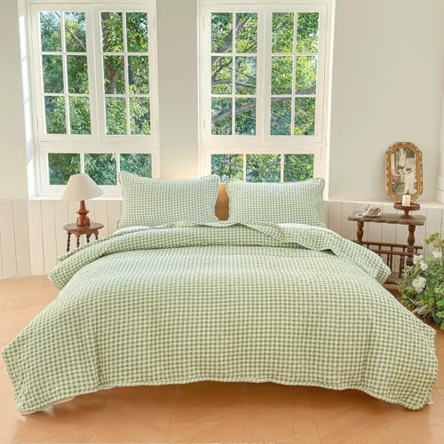 Sage Green Gingham Queen Quilt Set, Soft Pre-washed Microfiber Green Plaid Queen Bedspread, Lightweight Checked Summer Quilt, Grid Bedding Coverlets for All Seasons (Includes 1 Quilt, 2 Pillow Shams) NSNLGSGC