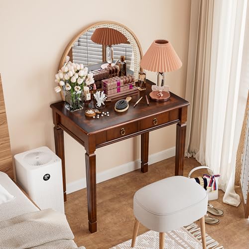 LEEMTORIG Traditional Solid Wood Writing Desk, Small Secretary Desk with 2 Drawers, Mahogany Desk Cherry Wood Writing Table for Home Office, 31.5" W French Provincial Desk, Cherry Walnut SSZ-D1258 LEEMTORIG
