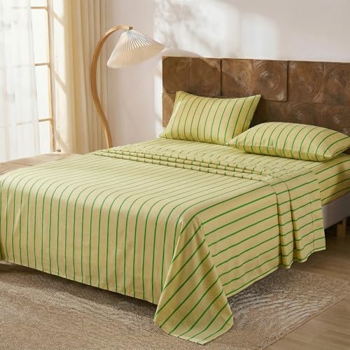 Merryword 100% Cotton Sheet Set Queen Size, Khaki & Green Stripes Bedding, Soft Breathable Percale Weave, Modern Minimalist, Luxury Linen Like, Deep Pocket Fitted Sheet 17.5" Merryword