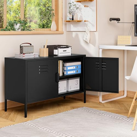 SISESOL Black Metal Storage Cabinet with Doors and Shelves,2 Door Wide Metal Locker Accent Storage Cabinet with Leg & Vent Hole,Wide TV Cabinets,Low Side Cupboard for Home,Office,Dining/Living Room SISESOL