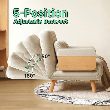 FLOCQISEM Convertible Chair Bed, Futon Sofa Bed Sleeper Chair with Solid Wood Leg and Storage Pocket, Linen Fabric Sofa Couch Guest Bed for Living Room, Bedroom, Office, Apartment (27.56) FLOCQISEM