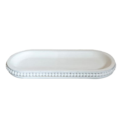 dwellington Wooden Farmhouse Decorative Tray, 12in Rustic Beaded Tray for Living Room Decor, Kitchen Table Décor, Oval Coffee Table Serving Tray (White)