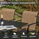 VICLLAX 5 Pieces Patio Dining Set, Outdoor Furniture Set includes 1 Square Patio Table and 4 Stackable Patio Sling Chairs, Outdoor Table and Chairs for Outsides, Walnut Table and Brown Chairs VICLLAX